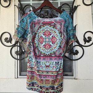 Energe World Wear Multicolor Geometric Floral Print Flutter Sleeve Tunic Top - M